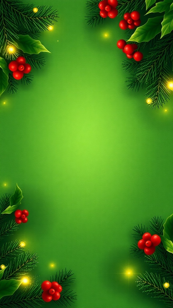 A vibrant green Christmas background with pine branches and soft glowing lights.